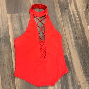 Express Red Thong Bodysuit. Low cut, low back.